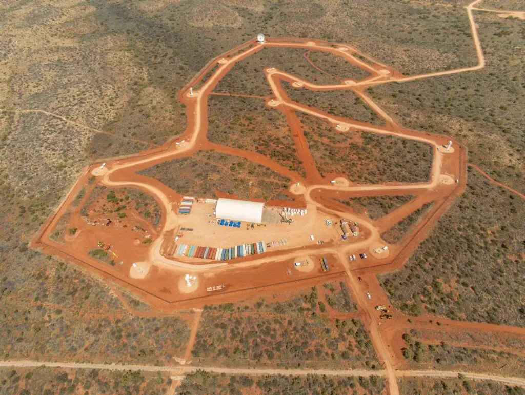 Overhead image of distributed antennas of the receive array of the Deep-Space Advanced Radar Capability, Site 1, Exmouth under construction