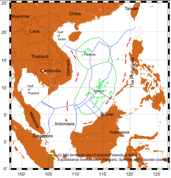 The nine-dashed line lies beyond the equisitance lines and thus cannot be justified by maritime zones derived from the disputed Paracels and Spratlys. 