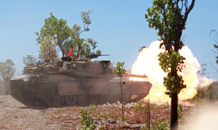 Marines with Alpha Company, 1st Tank Battalion, engage a target from an M1A1 Abrams Main Battle Tank during Exercise Gold Eagle 2013, here, Sept. 14. , Source: Exercise Gold Eagle smooth ride for Aussie, Marine tanks, DVIDS, 17 September 2013 http://www.dvidshub.net/image/1020407/exercise-gold-eagle-smooth-ride-aussie-marine-tanks