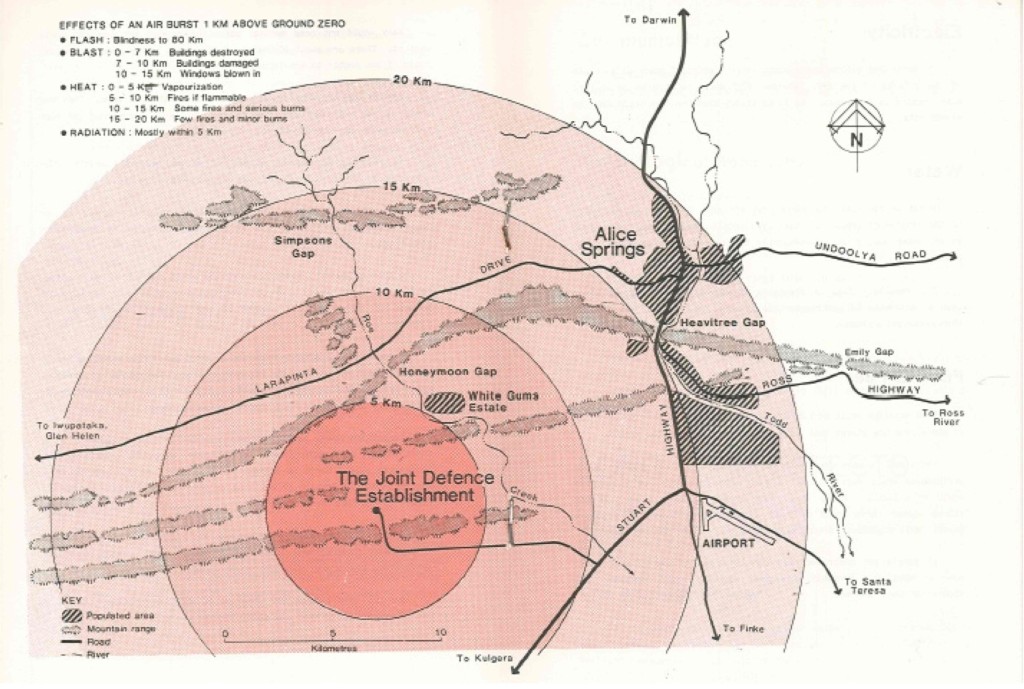 Effects of nuclear weapon attack on Pine Gap, from What will happen to Alice when the bomb goes off? Medical Association for the Prevention of War (N.T.), 1985