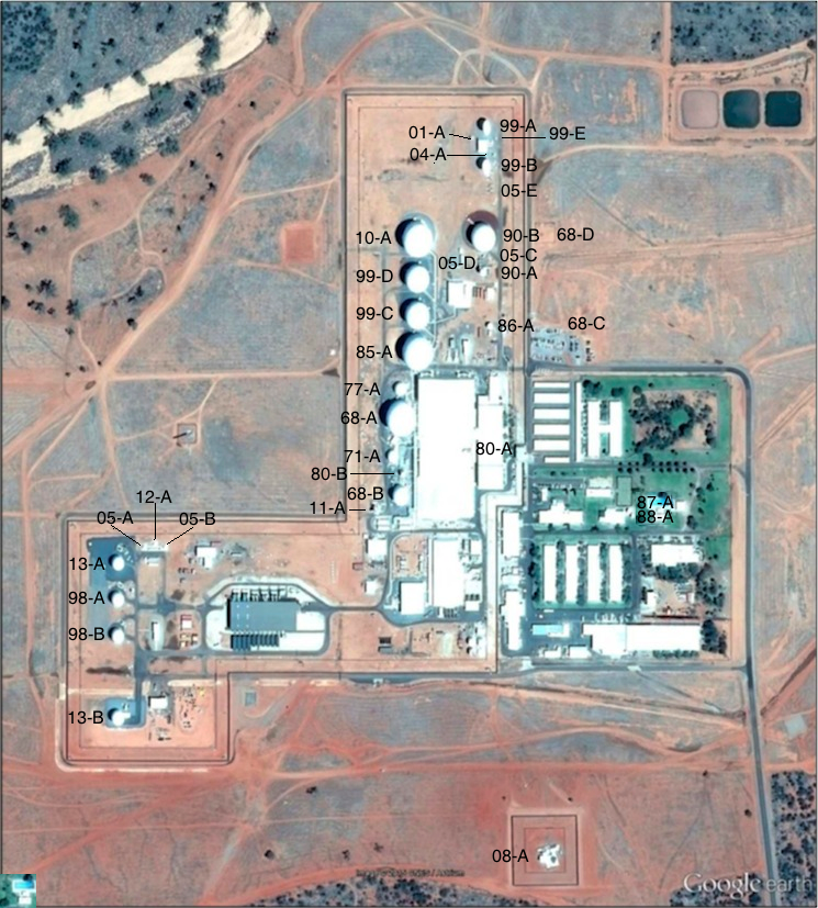 Figure 1. Antenna systems at Pine Gap, Google Earth imagery, 6 November 2015. Note: for antenna identification system see Desmond Ball, Bill Robinson and Richard Tanter, The Antennas of Pine Gap, Nautilus Institute, Special Reports, February 2016.