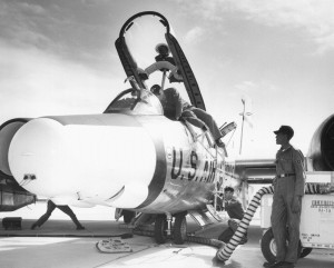 US Airforce RB 57 squadron stationed at East Sale RAAF base. Maintenance on the cockpit. Pic filed 8-4-1965.