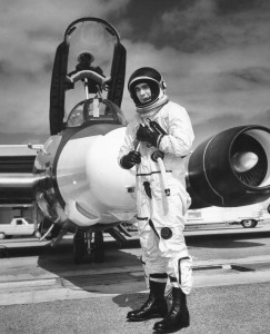 RB-57 pilot at East Sale at East Sale RAAF base Lieutenant Edward P. Hendley Jnr stands in his space-suit prepared for flight. Pic filed 8-4-1965
