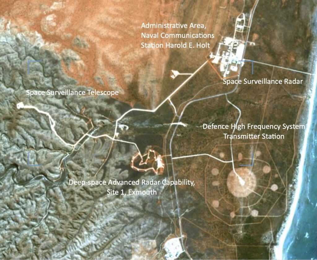 Annotated satellite image, 16 August 2025, showing DARC Site 1 and surrounding facilities on the northern part of the Exmounth Peninsula